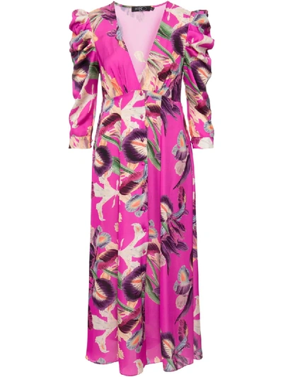 Patbo Grace Floral Puff-sleeve Midi Dress In Fuchsia