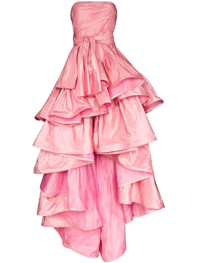 Oscar De La Renta Strapless Tiered Ruffle High-low Gown In Pink