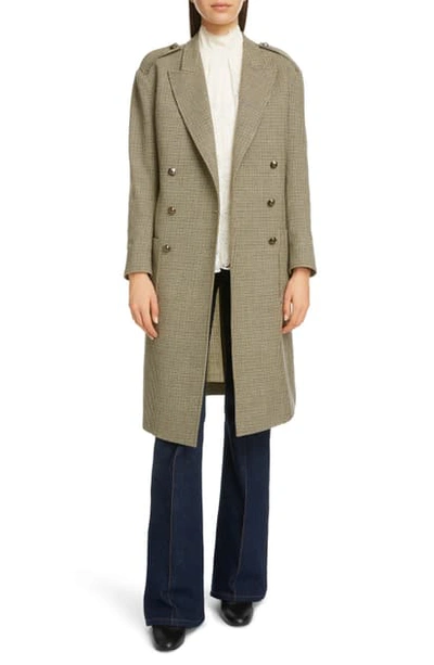 Chloé Double Breasted Houndstooth Wool Coat In Beige - Green