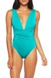 Trina Turk Solid Wrap Front One Piece Swimsuit In Jade