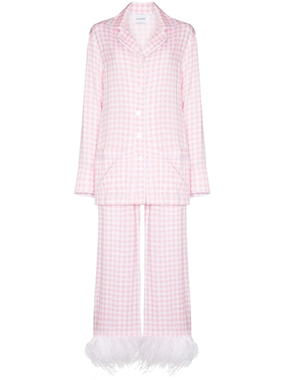 Sleeper Feather-trimmed Gingham Crepe De Chine Pajama Set In Pink