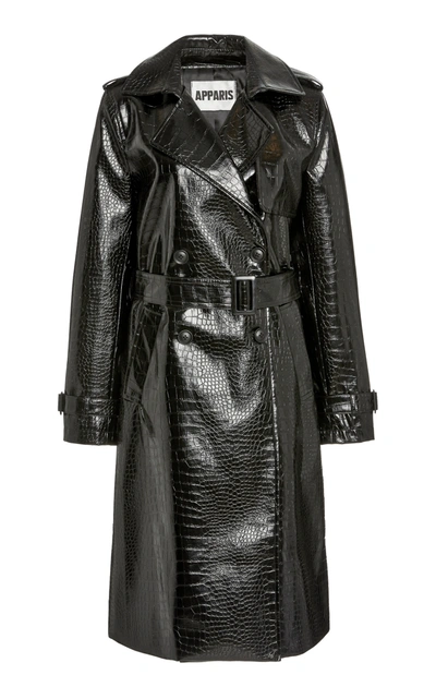 Apparis Danny Croc-effect Faux Leather Trench Coat In Black
