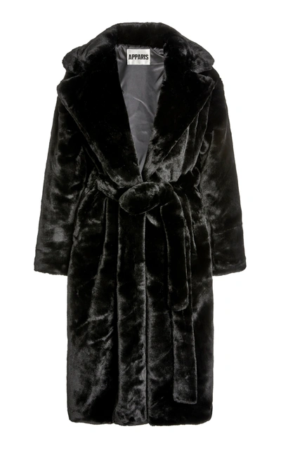 Apparis Mona Belted Faux Fur Coat In Black