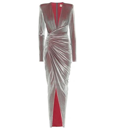 Alexandre Vauthier Gathered High-slit Velvet Gown In Silver