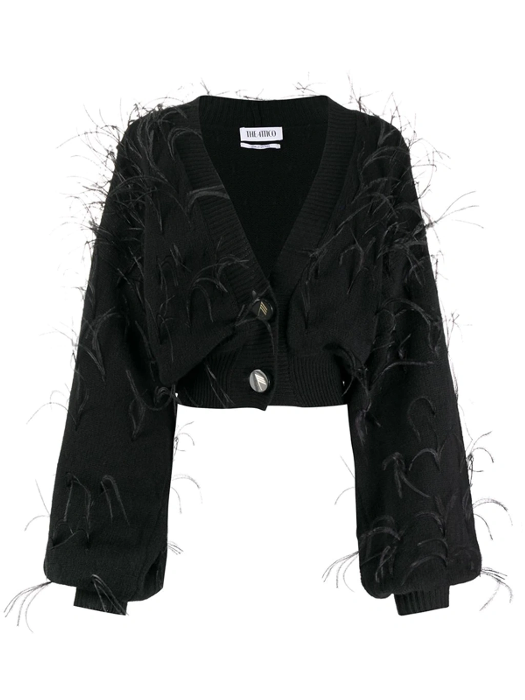 Attico Cropped Feather-embellished Wool Cardigan In Black