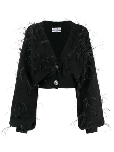 Attico Cropped Feather-embellished Wool Cardigan In Black