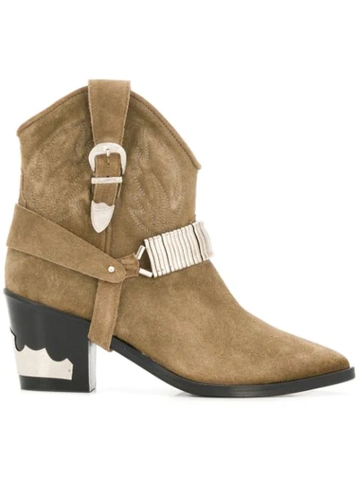 Toga Western Harness Suede Boots In Brown