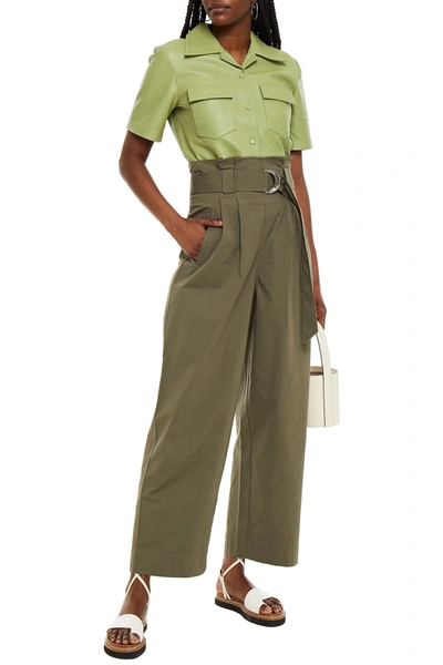 Ganni Belted Cotton Wide-leg Pants In Green