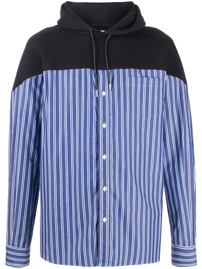 Sacai Hybrid Stripe Shirt Panel Drawstring Cotton Hoodie In Blue