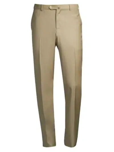Isaia Solid Wool Trousers In Tan