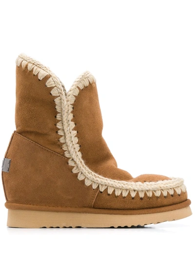Mou Crochet Stitch-trim Wedge Boots In Brown
