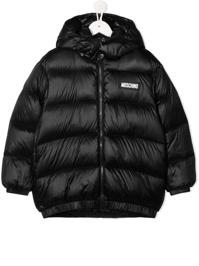 Moschino Kids' Hooded Logo Patch Puffer Jacket In Nero