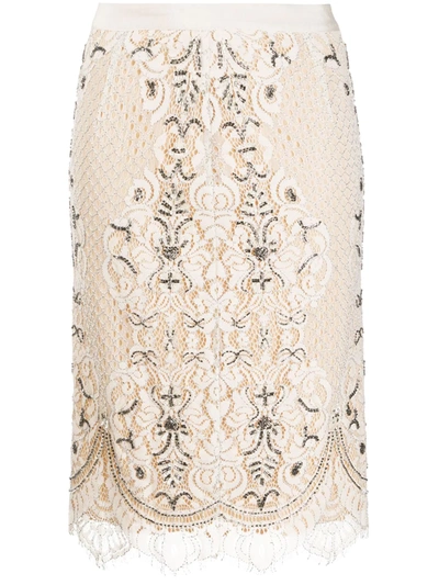 Twinset Lace Overlay Pencil Skirt In Neutrals