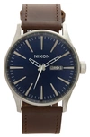 Nixon The Sentry Leather Strap Watch, 42mm In Blue/brown