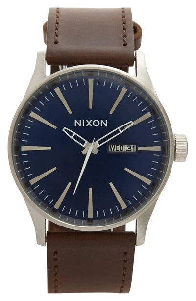Nixon The Sentry Leather Strap Watch, 42mm In Brown/ Blue