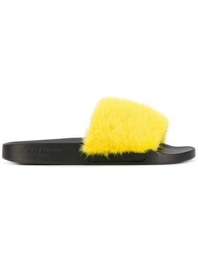 Givenchy Mink Fur Rubber Slide Sandals, Yellow