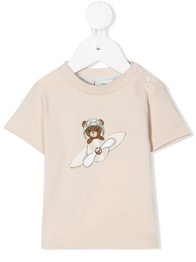 Fendi Babies' Flying Bear Print T-shirt In Neutrals