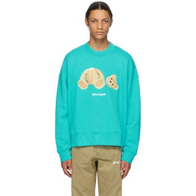 Palm Angels Bear Print Crewneck Cotton Sweatshirt In Light Blue
