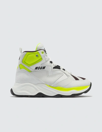 Msgm High Top Chunky Sneakers In White / Burgundy / Neon Yellow