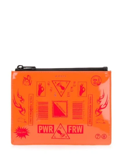 Diesel Embroidered Leather Wash Bag In Orange