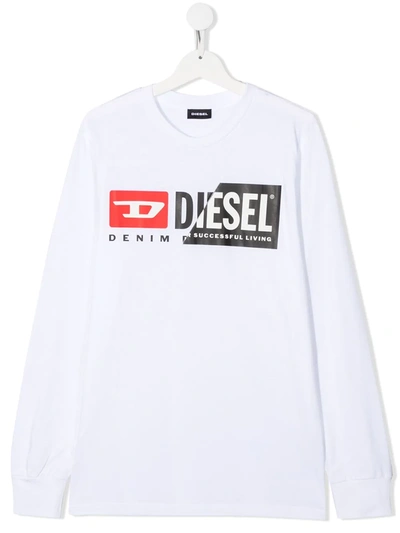 Diesel Kids' Logo-print Longsleeve T-shirt In White
