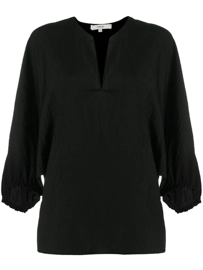 Vince Creased Split-neck Blouse In Black