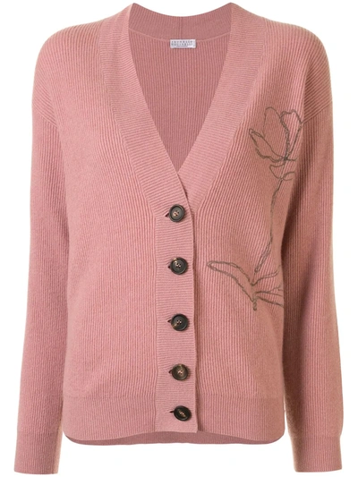 Brunello Cucinelli Rose Detail Cashmere Cardigan In Pink