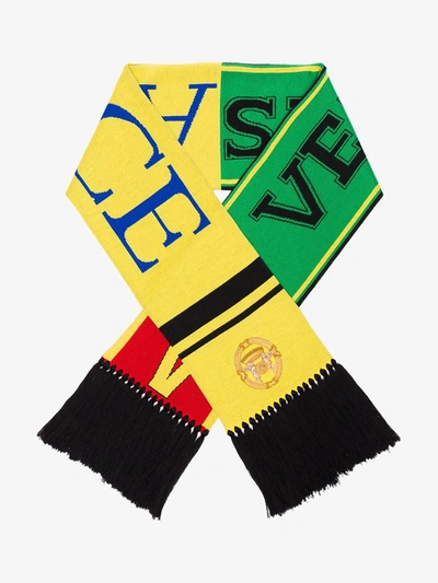 Versace Fringed Logo Scarf In Yellow/orange