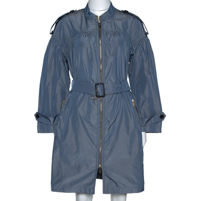 Pre-owned Burberry Stone Blue Ruched Light Weight Belted Coat S