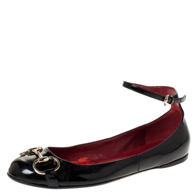 Pre-owned Gucci Black Patent Leather Horsebit Ankle Strap Ballet Flats Size 37.5