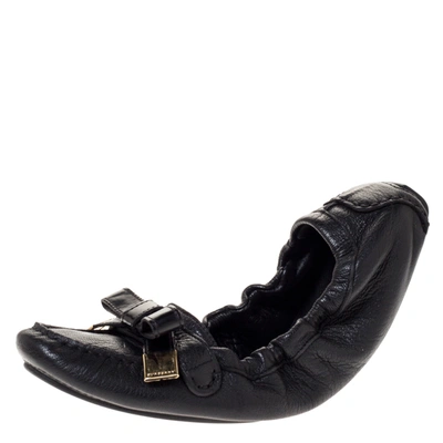 Pre-owned Burberry Black Leather Bow Scrunch Ballet Flats Size 41