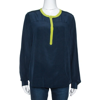 Pre-owned Diane Von Furstenberg Naval Blue Silk Contrast Trim Maisy Blouse L In Navy Blue