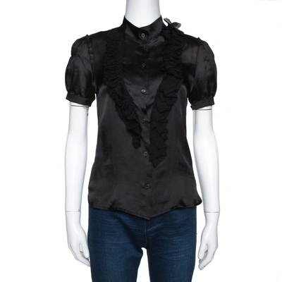 Pre-owned Prada Black Silk Ruffle Trim Button Front Shirt M