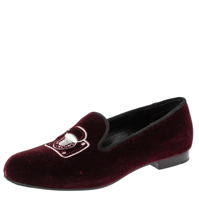 Pre-owned Marc Jacobs Burgundy Velvet Embroidered Smoking Slippers Size 36