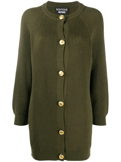 Boutique Moschino Longline Ribbed Knit Cardigan In Green