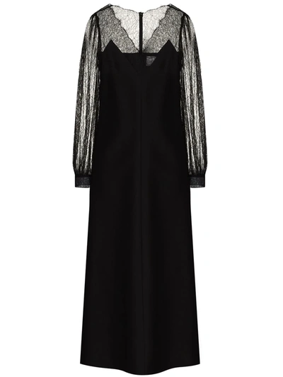 Valentino Lace-trimmed Wool And Silk Midi Dress In Black