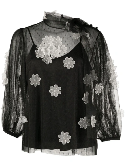 Red Valentino Sheer Flower-applique Blouse In Black