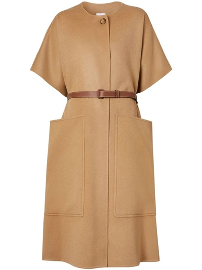 Burberry Leather Belted Long Cashmere Cape In Beige