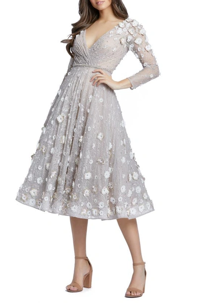 Mac Duggal Long-sleeve Floral Applique Embellished Lace Midi Dress In Sterling Silver