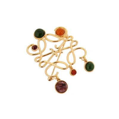 Loewe Anagram Small Stone-embellished Brooch In Gold