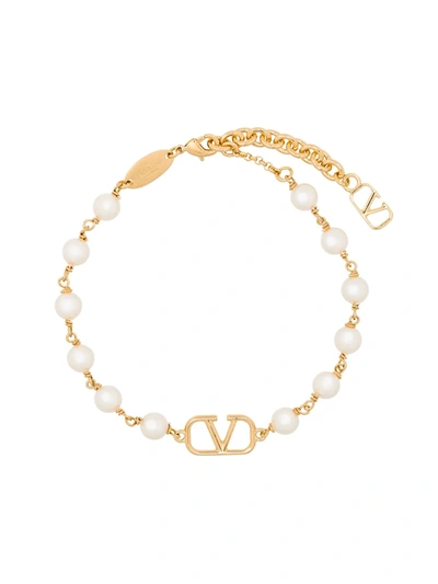 Valentino Garavani Gold Tone Vlogo Signature Pearl Bracelet In White