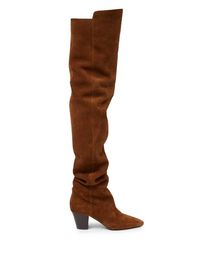 Saint Laurent Sun Point-toe Over-the-knee Suede Boots In Brown