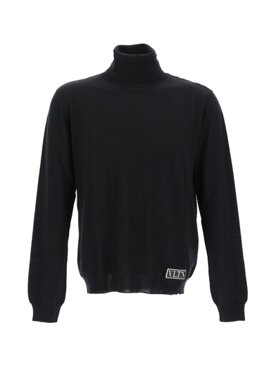 Valentino Roll-neck Sweater In Virgin Wool With Vltn Logo In Black