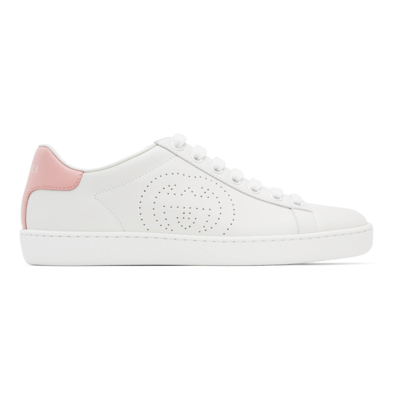 Gucci White & Pink Interlocking G Ace Sneakers In 9076 White