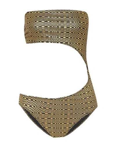 Lisa Marie Fernandez Cutout Metallic Seersucker Bandeau Swimsuit In Gold Black
