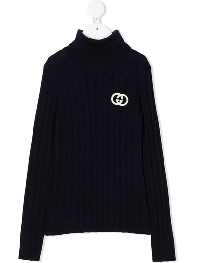 Gucci Kids' Ribbed Jacquard Motif Jumper In Blue