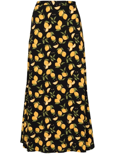 Reformation Bea Lemon Print Midi Skirt In Black