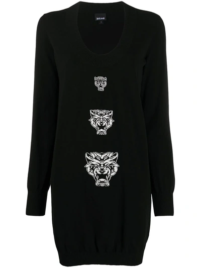 Just Cavalli Tiger Intarsia Knit Dress In Black