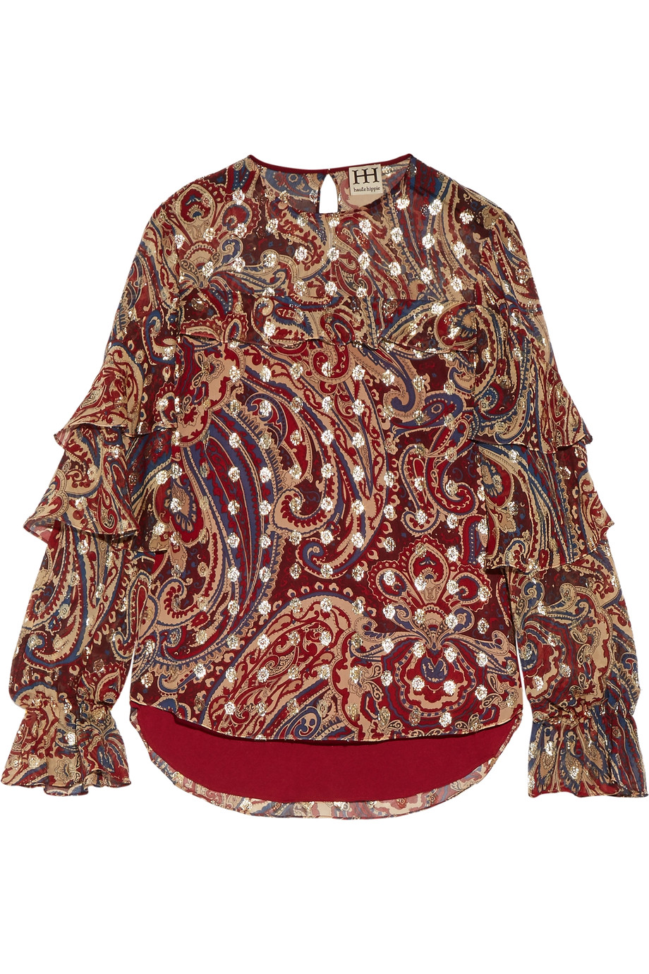 Haute Hippie Metallic Ruffled Printed Silk-blend Voile Blouse | ModeSens