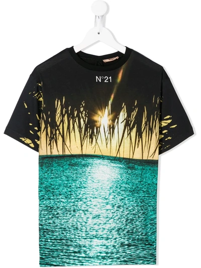 N°21 Kids' Beach Print Cotton T-shirt In Black